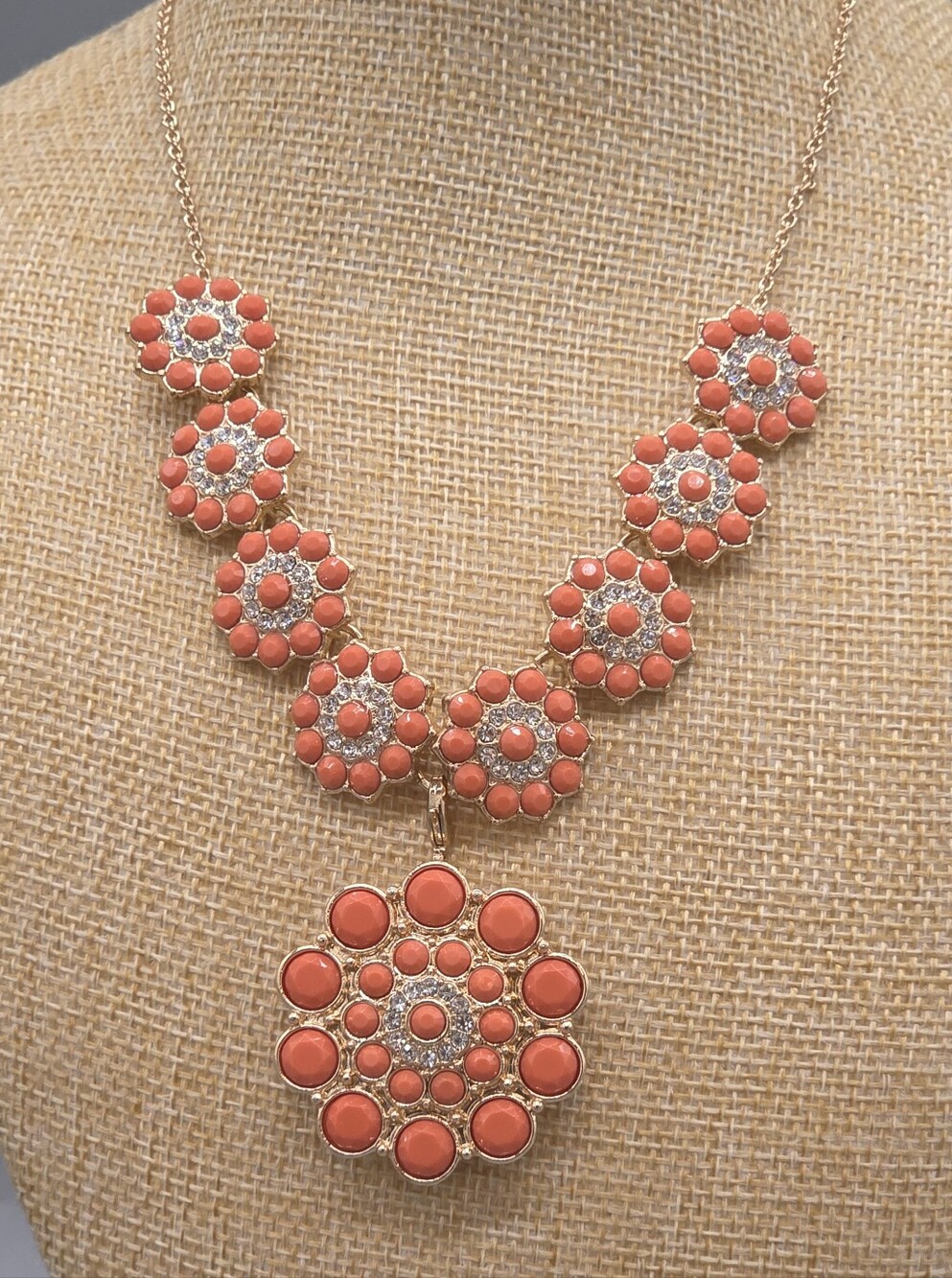 Premier Designs Coral Rhinestone Flower Necklace Convertible Brooch